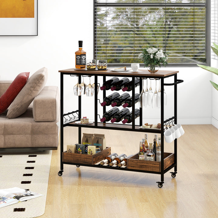 3 Tiers Bar Cart on Wheels with Glass Racks