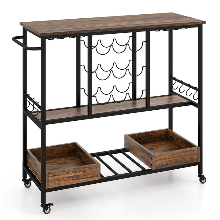 3 Tiers Bar Cart on Wheels with Glass Racks