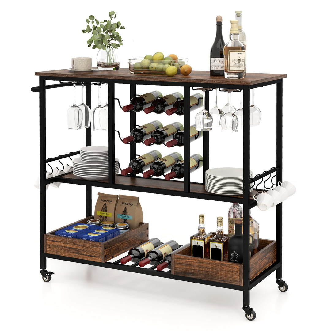 3 Tiers Bar Cart on Wheels with Glass Racks