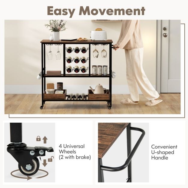 3 Tiers Bar Cart on Wheels with Glass Racks