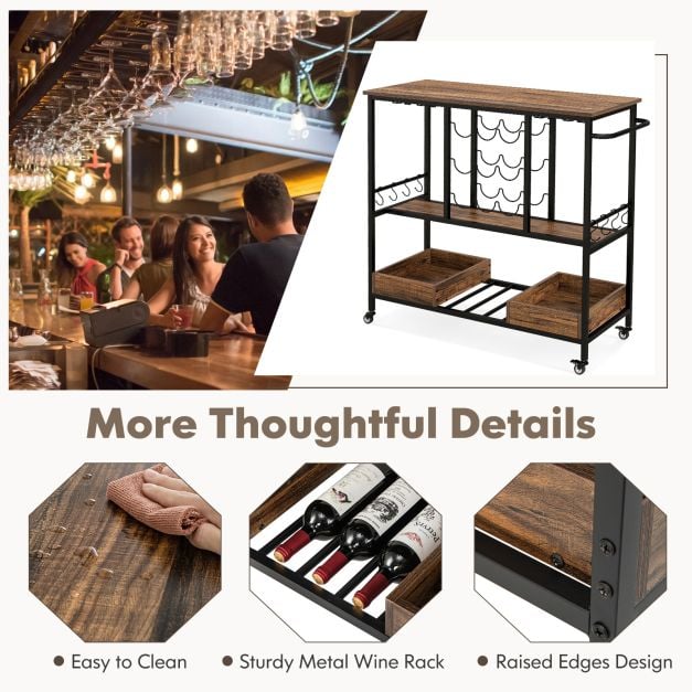 3 Tiers Bar Cart on Wheels with Glass Racks