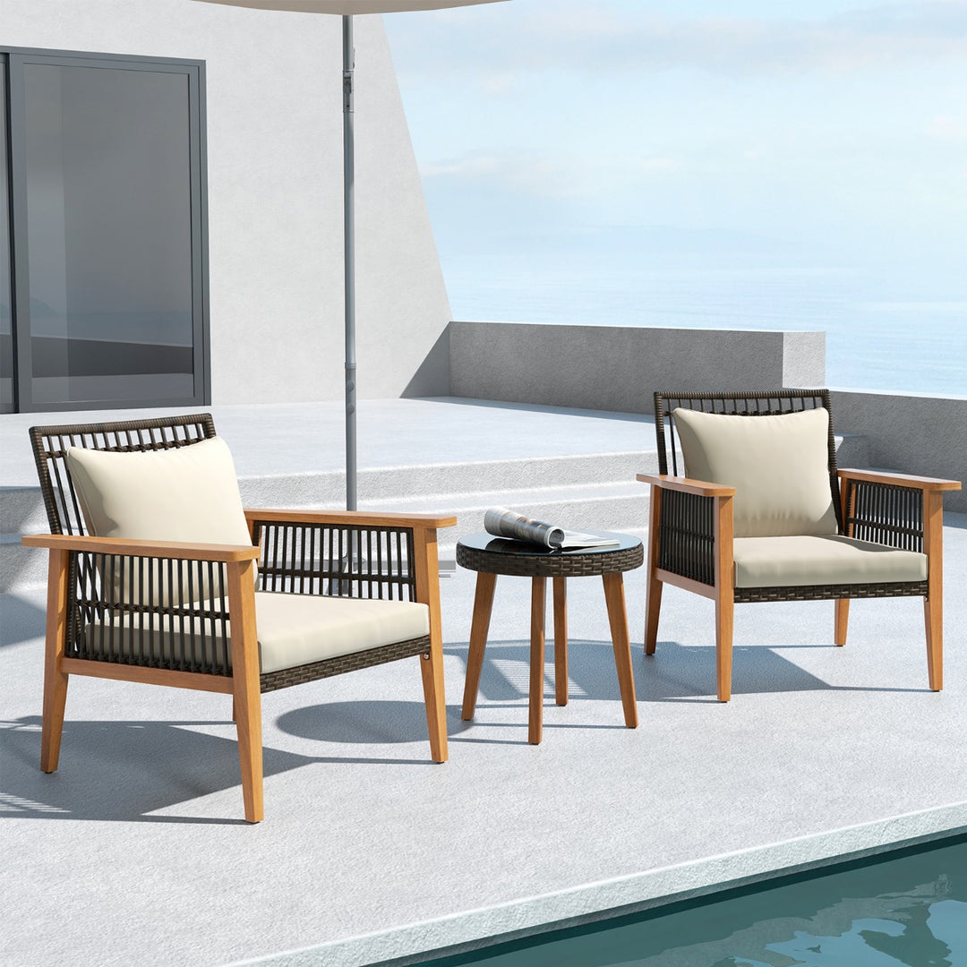 3 Piece Patio Furniture Set Wicker Woven Chair Set with Coffee Table-Beige