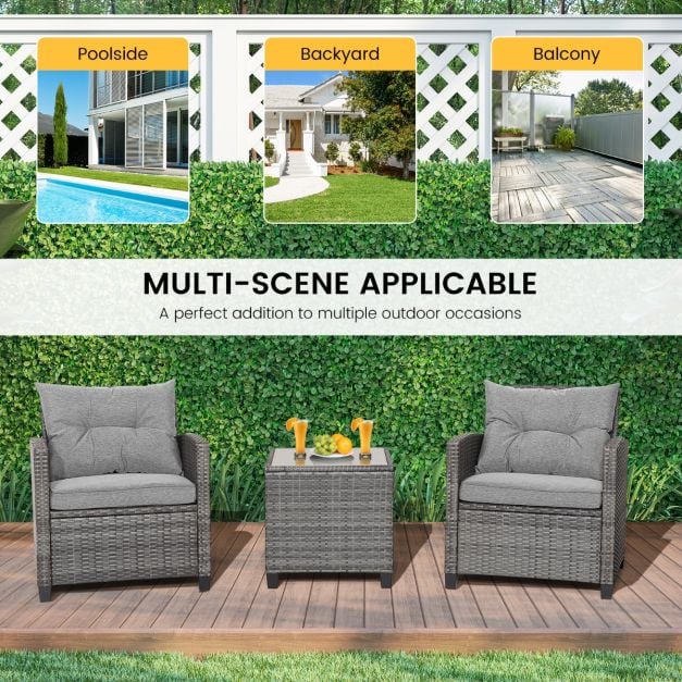 3 Piece Patio Rattan Sofa Set with Solid Tempered Glass Table Top and Heavy-Duty Steel Frame