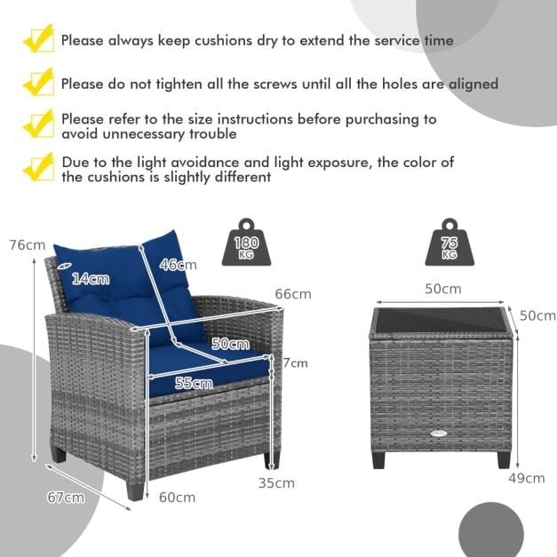 3 Piece Patio Rattan Sofa Set with Solid Tempered Glass Table Top and Heavy-Duty Steel Frame