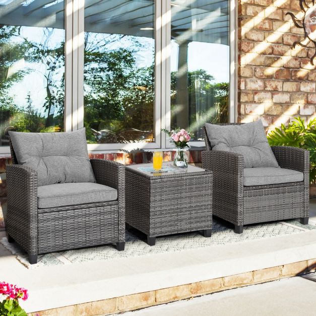 3 Piece Patio Rattan Sofa Set with Solid Tempered Glass Table Top and Heavy-Duty Steel Frame