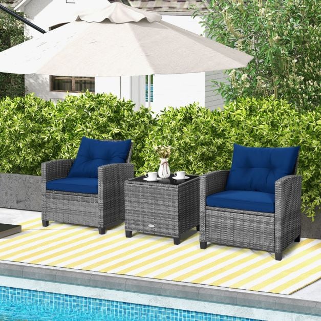 3 Piece Patio Rattan Sofa Set with Solid Tempered Glass Table Top and Heavy-Duty Steel Frame