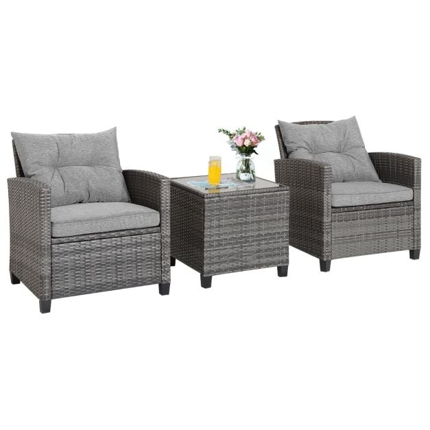 3 Piece Patio Rattan Sofa Set with Solid Tempered Glass Table Top and Heavy-Duty Steel Frame