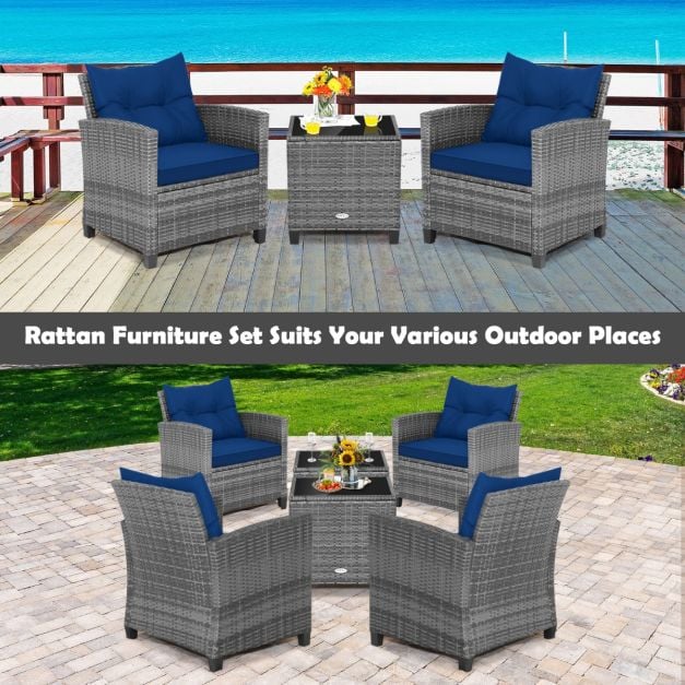 3 Piece Patio Rattan Sofa Set with Solid Tempered Glass Table Top and Heavy-Duty Steel Frame