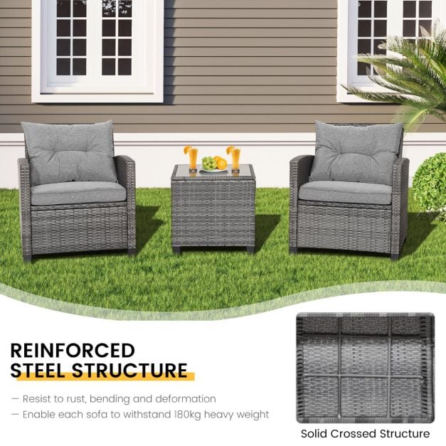 3 Piece Patio Rattan Sofa Set with Solid Tempered Glass Table Top and Heavy-Duty Steel Frame