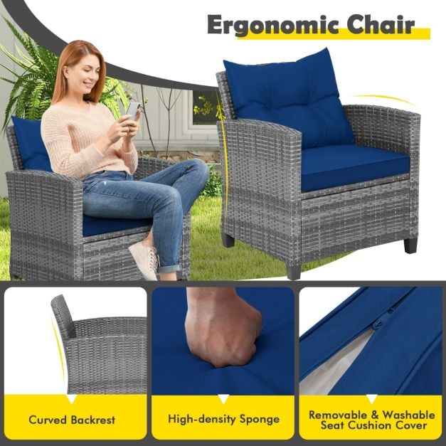 3 Piece Patio Rattan Sofa Set with Solid Tempered Glass Table Top and Heavy-Duty Steel Frame