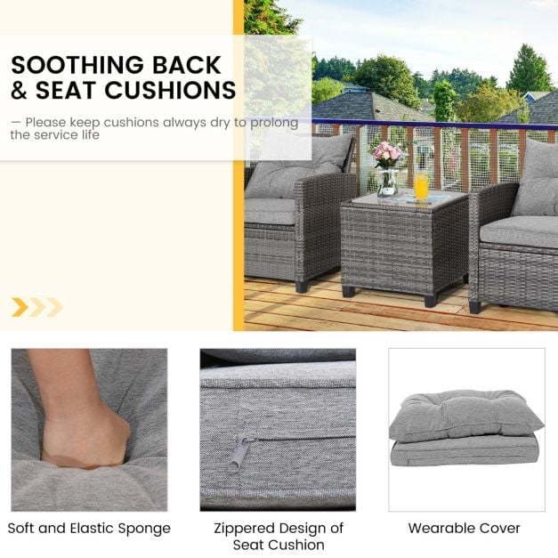 3 Piece Patio Rattan Sofa Set with Solid Tempered Glass Table Top and Heavy-Duty Steel Frame