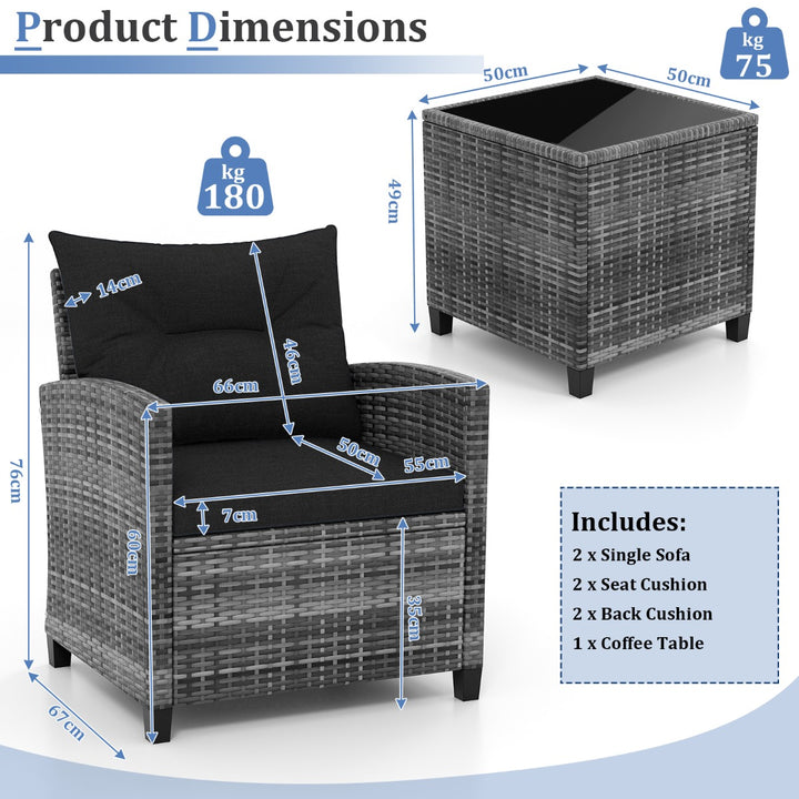 3 Piece Patio Rattan Sofa Set with Solid Tempered Glass Table Top and Heavy-Duty Steel Frame
