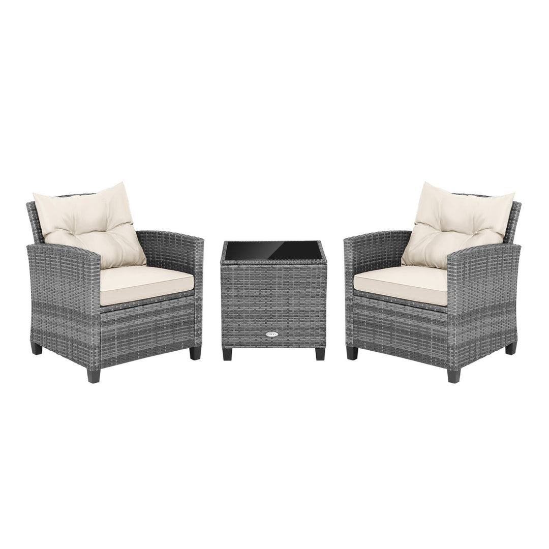 3 Piece Patio Rattan Sofa Set with Solid Tempered Glass Table Top and Heavy-Duty Steel Frame