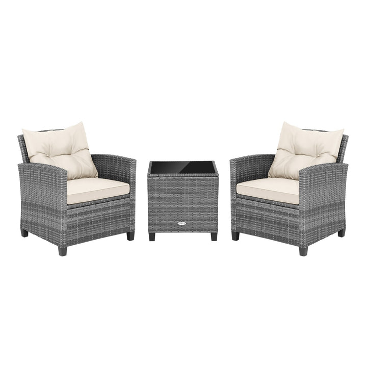 3 Piece Patio Rattan Sofa Set with Solid Tempered Glass Table Top and Heavy-Duty Steel Frame