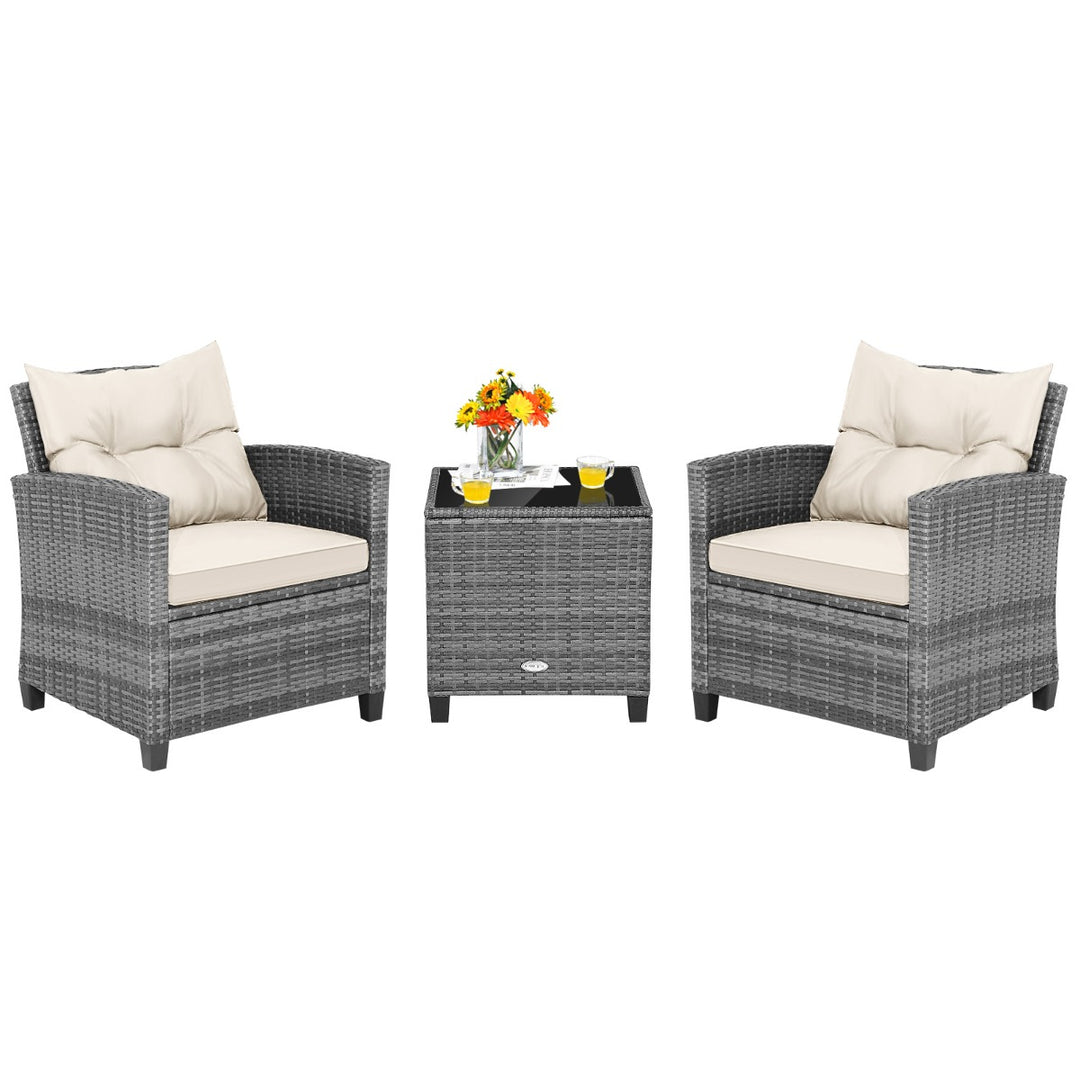 3 Piece Patio Rattan Sofa Set with Solid Tempered Glass Table Top and Heavy-Duty Steel Frame