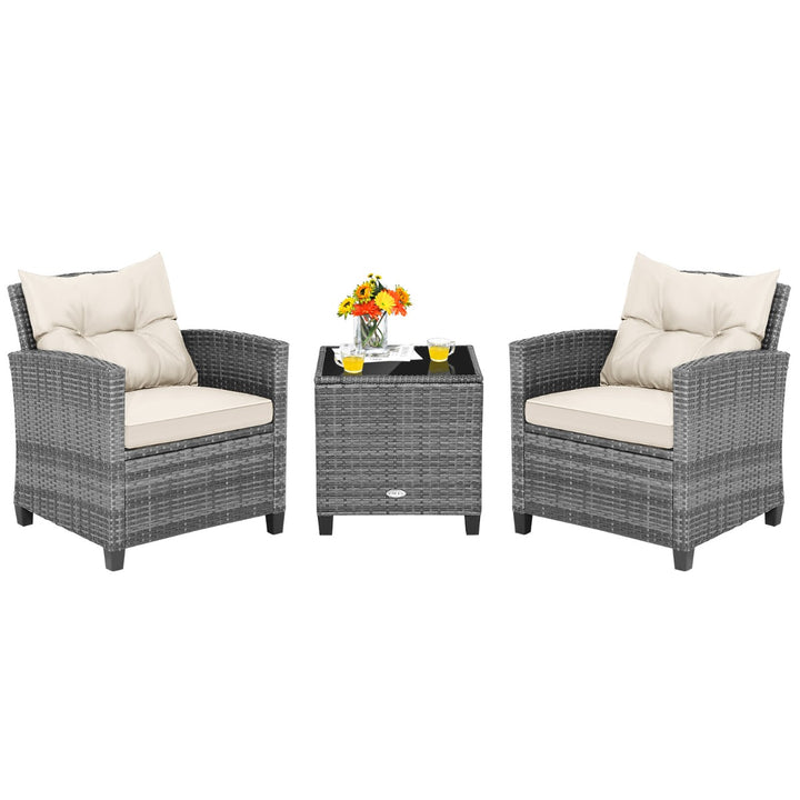 3 Piece Patio Rattan Sofa Set with Solid Tempered Glass Table Top and Heavy-Duty Steel Frame