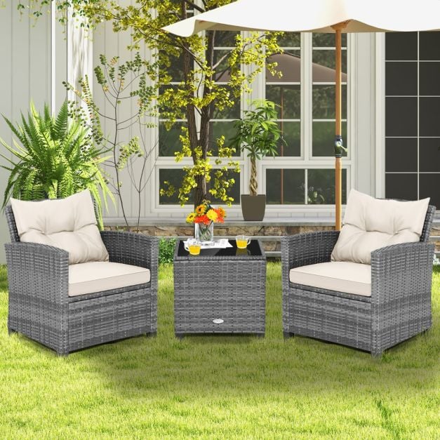 3 Piece Patio Rattan Sofa Set with Solid Tempered Glass Table Top and Heavy-Duty Steel Frame