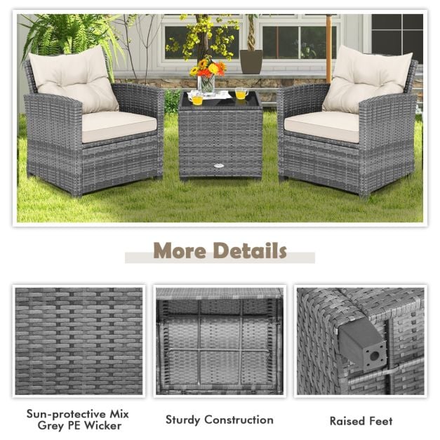 3 Piece Patio Rattan Sofa Set with Solid Tempered Glass Table Top and Heavy-Duty Steel Frame