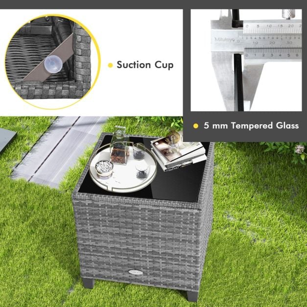 3 Piece Patio Rattan Sofa Set with Solid Tempered Glass Table Top and Heavy-Duty Steel Frame