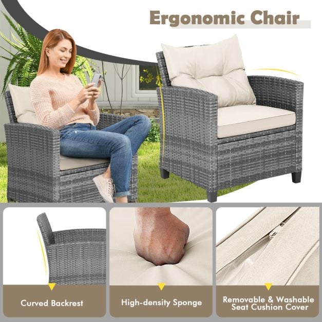 3 Piece Patio Rattan Sofa Set with Solid Tempered Glass Table Top and Heavy-Duty Steel Frame