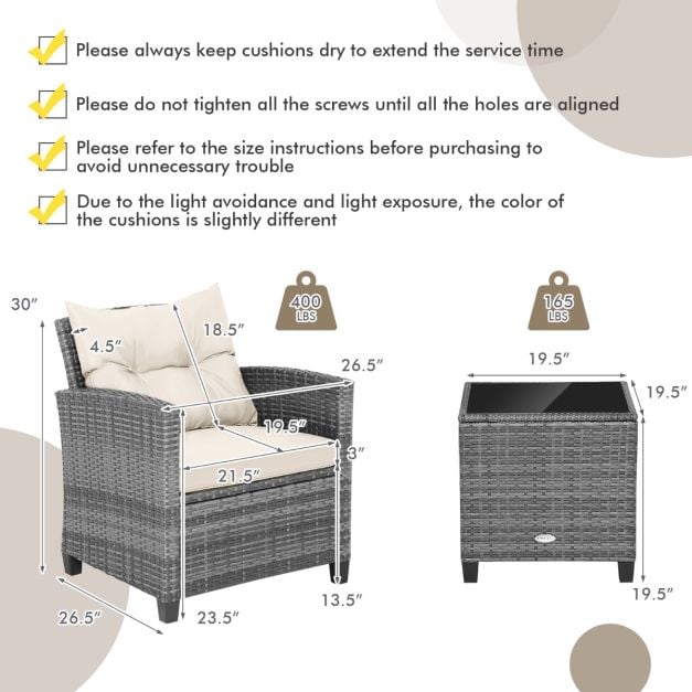 3 Piece Patio Rattan Sofa Set with Solid Tempered Glass Table Top and Heavy-Duty Steel Frame