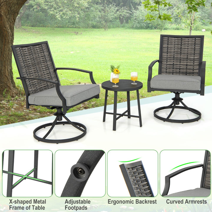 3 Piece Patio Swivel Chair Set with Coffee Table and Soft Seat Cushions