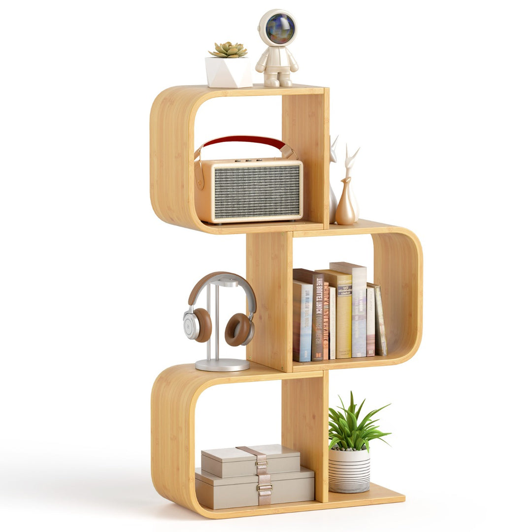 S-Shaped Bookcase Bamboo Bookshelf with 2 Open Cubes-3-Tier - TidySpaces