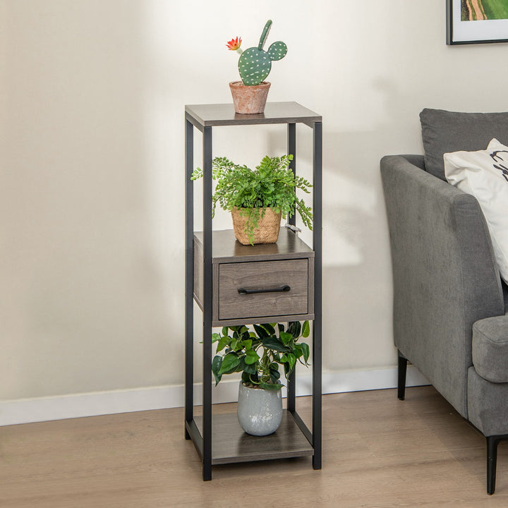 3 Tier Tall Metal Plant Stand with Drawer Anti-tipping Devices-Grey