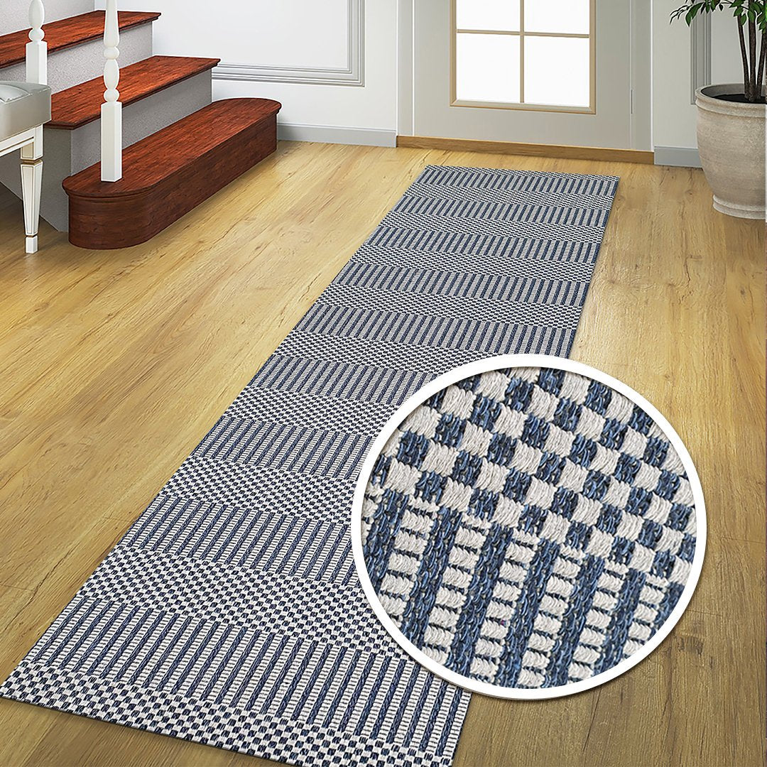 Cotton Rug Navy Blue Grey Braided Striped