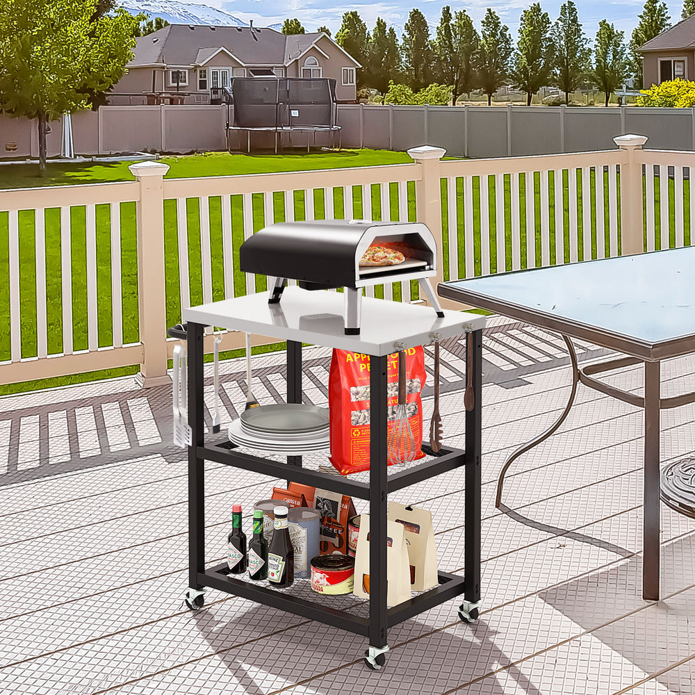 3-tier Outdoor Grill Cart on Wheels with Stainless Steel Top and Handle-Black - TidySpaces