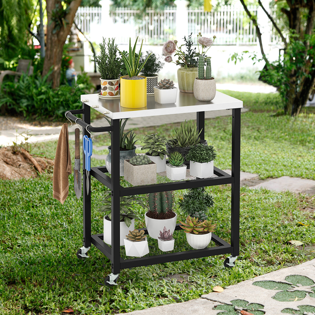 3-tier Outdoor Grill Cart on Wheels with Stainless Steel Top and Handle-Black - TidySpaces