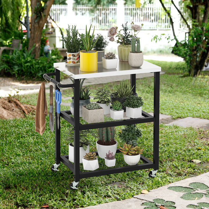 3-tier Outdoor Grill Cart on Wheels with Stainless Steel Top and Handle-Black - TidySpaces