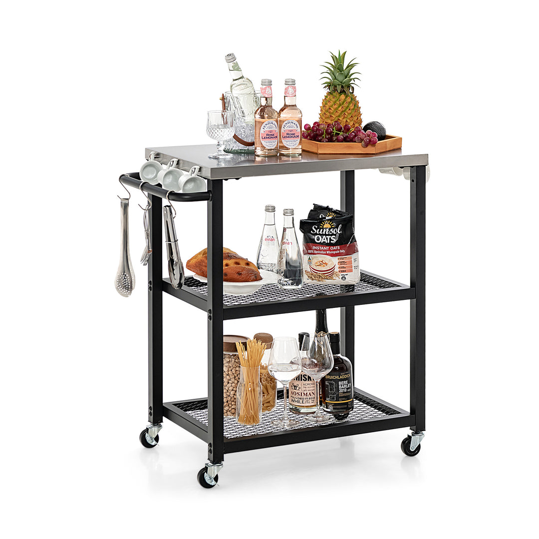 3-tier Outdoor Grill Cart on Wheels with Stainless Steel Top and Handle-Black - TidySpaces