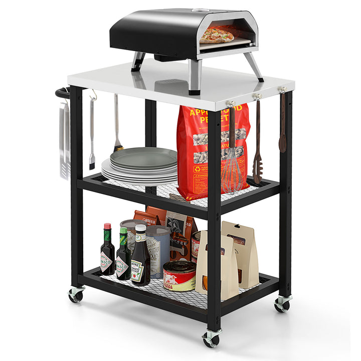 3-tier Outdoor Grill Cart on Wheels with Stainless Steel Top and Handle-Black - TidySpaces
