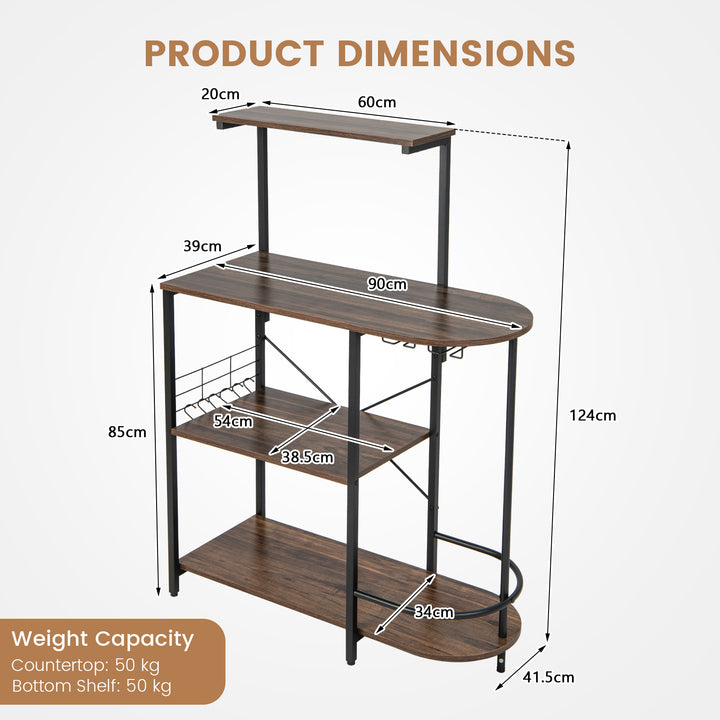 4-Tier Kitchen Bakers Rack with 6 S-Hooks and Stemware Racks-Rustic Brown