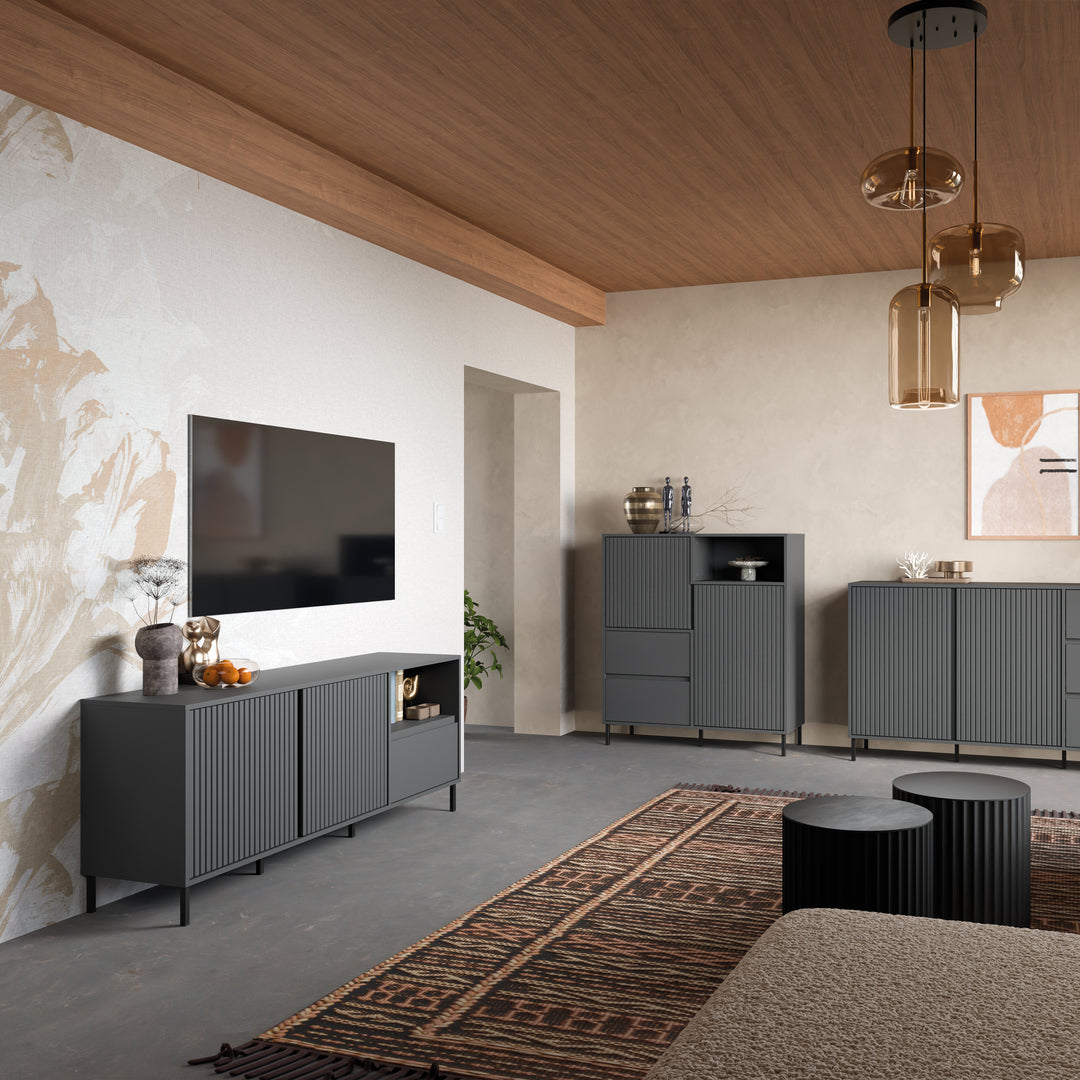 Avenale Wide TV Cabinet 2 Door 1 Drawer in Anthracite - TidySpaces