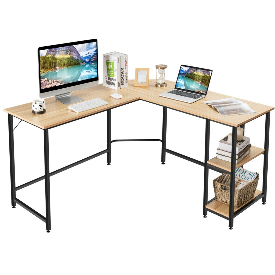 L Shaped Corner Computer Desk with 2 Tier Storage Shelf - TidySpaces