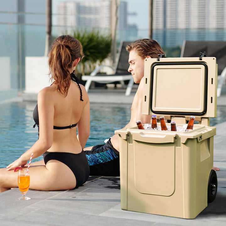 43L Cooler Towable Ice Chest with All-Terrain Wheels Leak-Proof-Sand Color