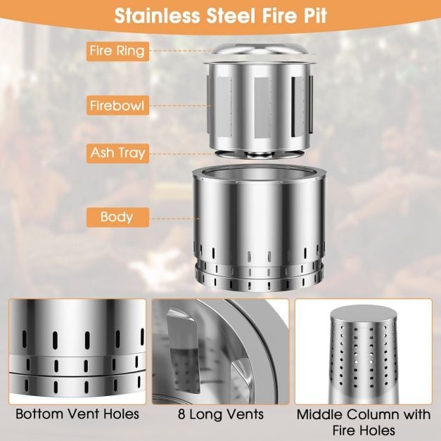Stainless Steel Smokeless Fire Pit with Oxygen-enriched Fire Technology-Silver - TidySpaces