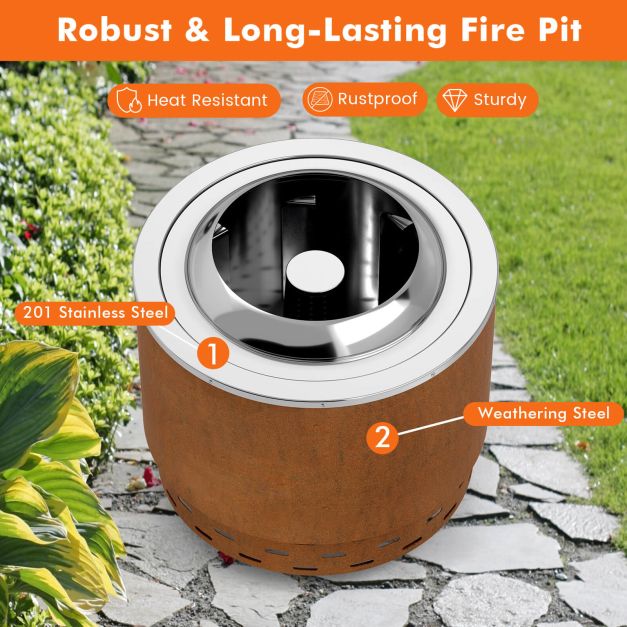 49cm Smokeless Stainless Steel Fire Pit with Weathering Steel Shell - TidySpaces
