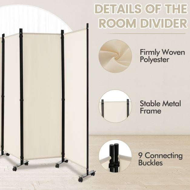 4-Panel Folding Room Divider with Wheels for Living Room Bedroom - TidySpaces