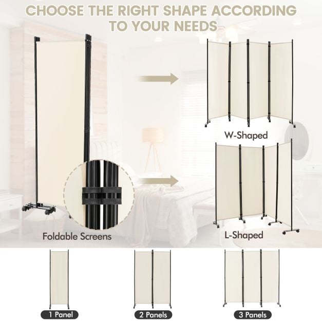 4-Panel Folding Room Divider with Wheels for Living Room Bedroom - TidySpaces