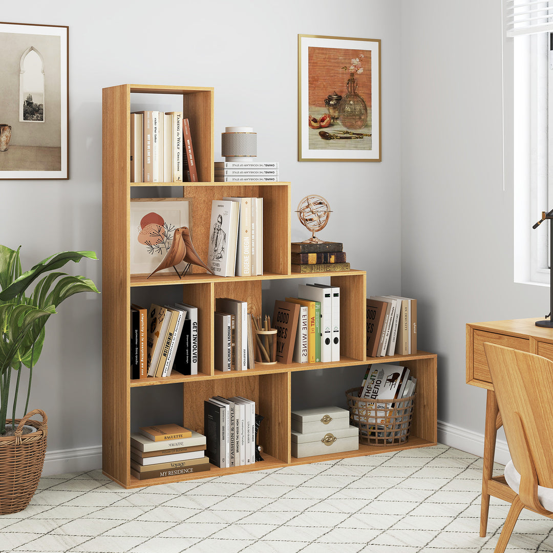 4-Tier Stepped Bookshelf Modern Ladder Bookcase with 6 Storage Cubes-Natural