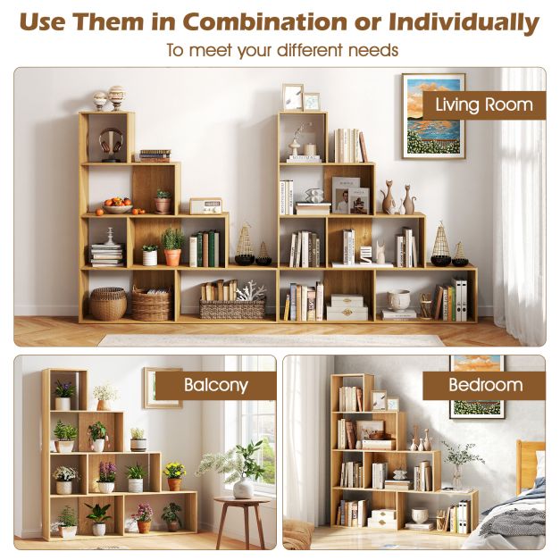 4-Tier Stepped Bookshelf Modern Ladder Bookcase with 6 Storage Cubes-Natural