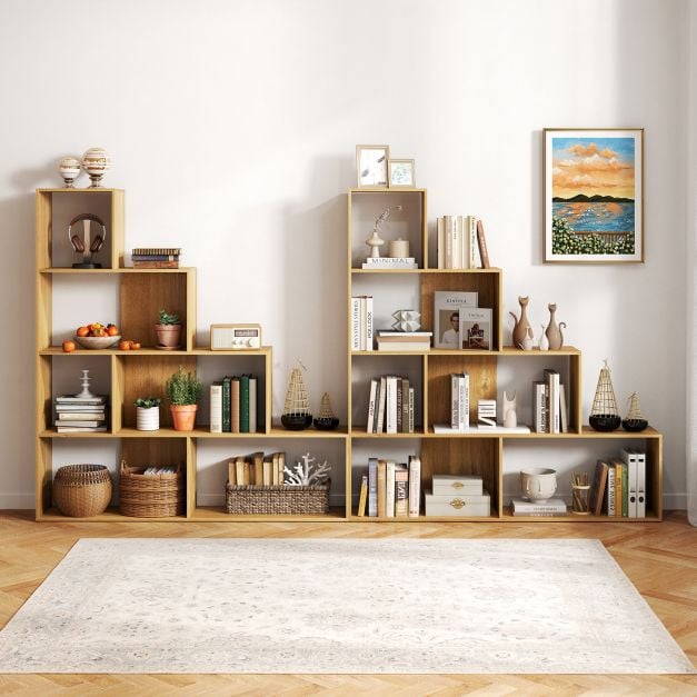 4-Tier Stepped Bookshelf Modern Ladder Bookcase with 6 Storage Cubes-Natural