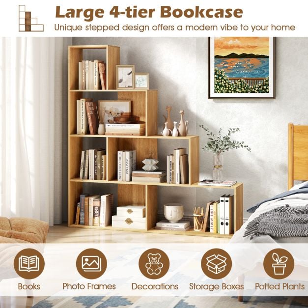 4-Tier Stepped Bookshelf Modern Ladder Bookcase with 6 Storage Cubes-Natural