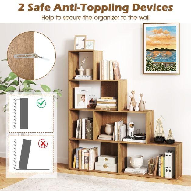 4-Tier Stepped Bookshelf Modern Ladder Bookcase with 6 Storage Cubes-Natural