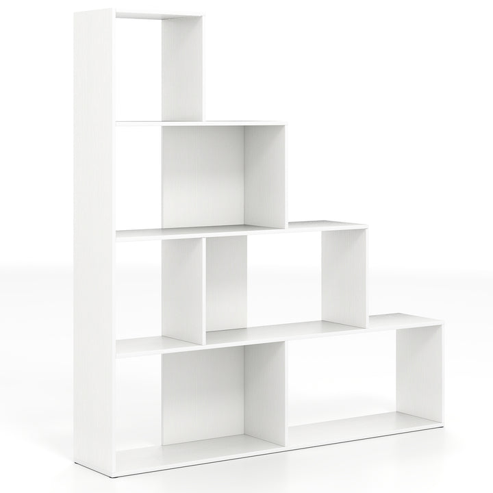 4-Tier Stepped Bookshelf Modern Ladder Bookcase with 6 Storage Cubes-White