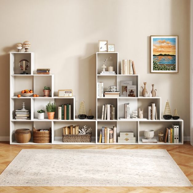 4-Tier Stepped Bookshelf Modern Ladder Bookcase with 6 Storage Cubes-White