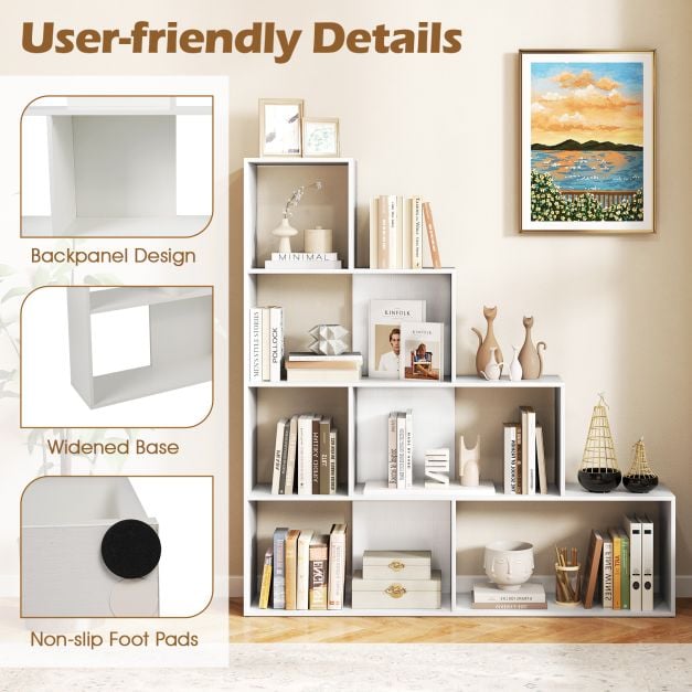 4-Tier Stepped Bookshelf Modern Ladder Bookcase with 6 Storage Cubes-White